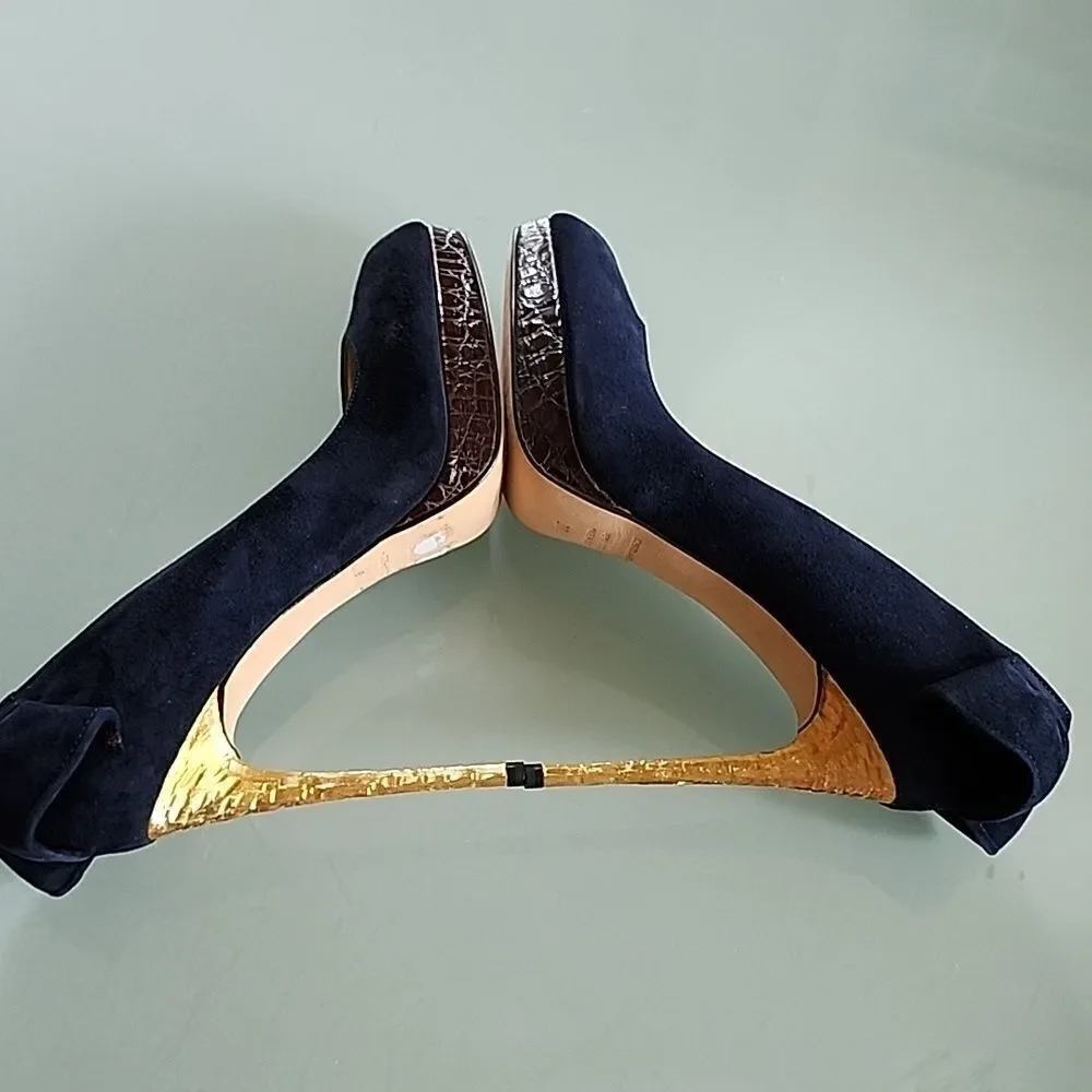 DSQUARED2 New Blue‎ Velvet Peep Toe Textured Gold Stiletto Heels Size 7.5